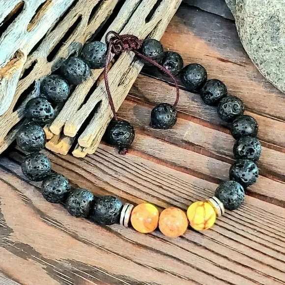 Handcrafted Chakra Bracelet Yellow Aqua Terra Jasper Black Lava - Picture 3 of 8